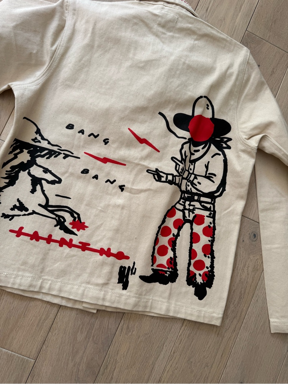 Cream Graphic Jean Jacket with Red Accent Print - Picture 2 of 10